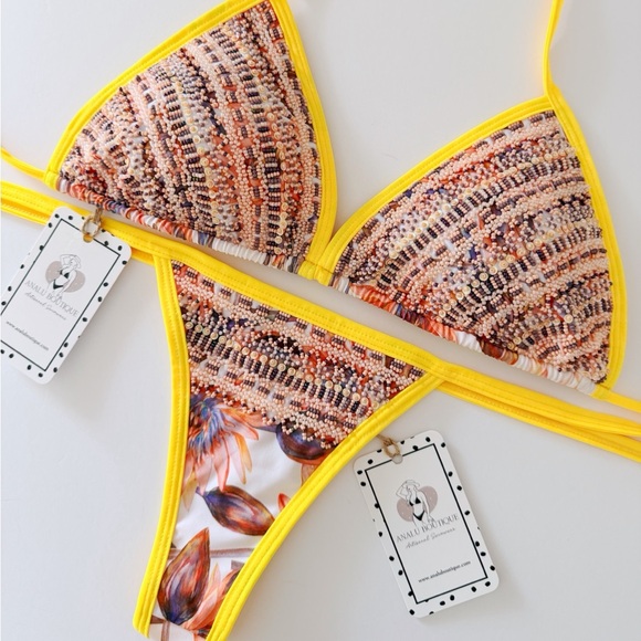 NWT Beaded Floral Fully Embroidered Bikini Set Yellow Made in Colombia
